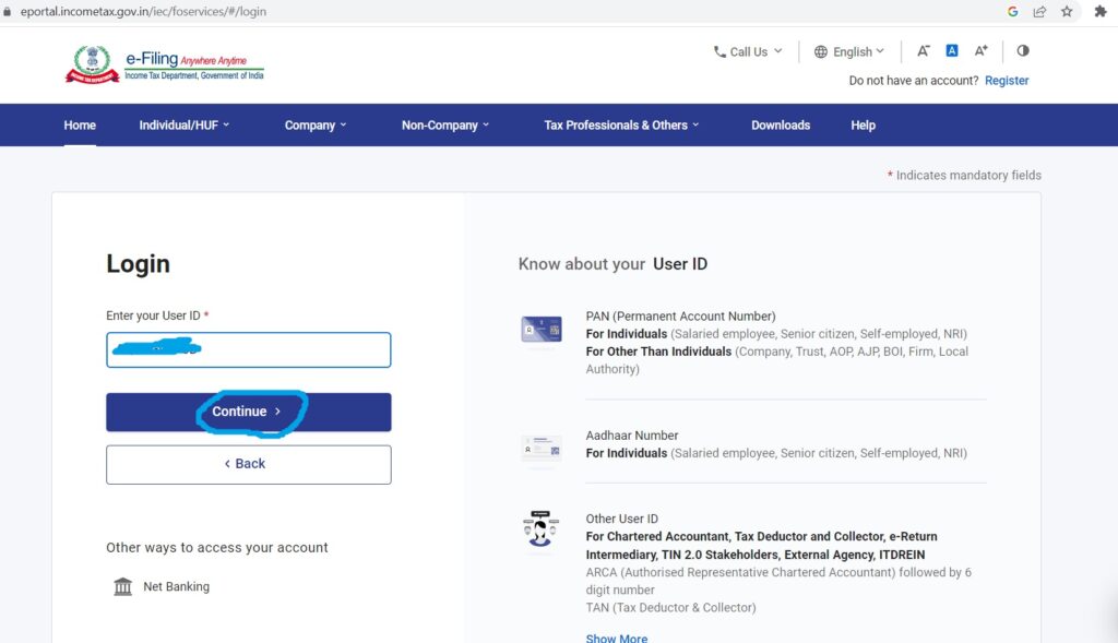 Enter your PAN to login to Income Tax Portal