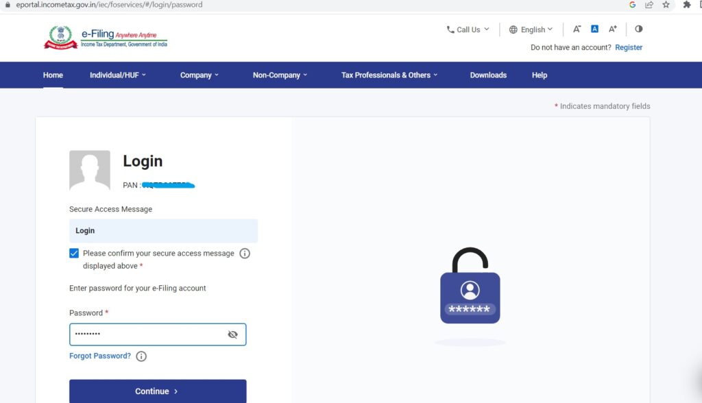 Enter your password to login to Income Tax Portal