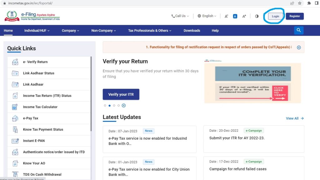 Login for Income Tax Return eFiling