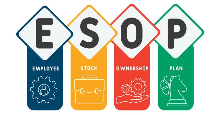 Employees celebrating with stock certificates, symbolizing ownership under an ESOP (Employee Stock Ownership Plan)