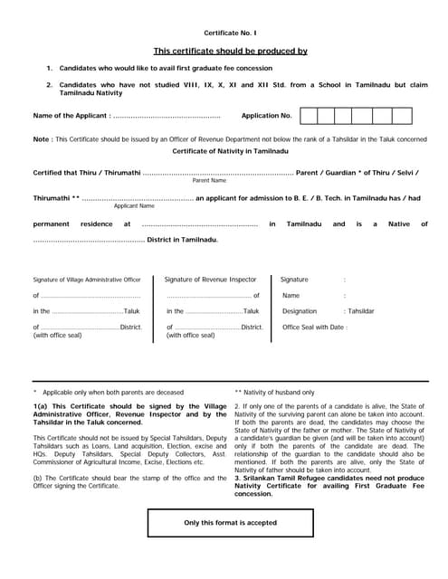 Nativity Certificate Tamil Nadu
