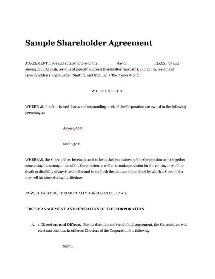 Sample of Shareholders Agreement